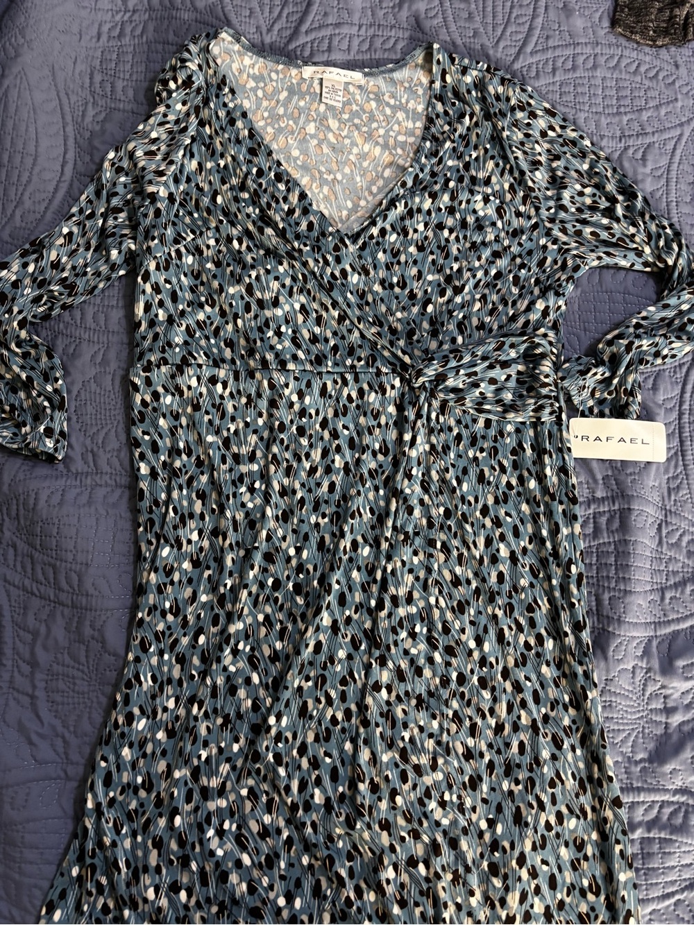 RAFAEL Blue and Black Patterned Wrap-Front Long Sleeve Dress